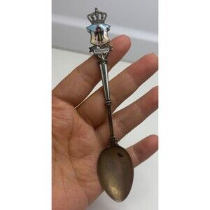 Antique 800 Fine Silver & Enameled Munich Germany Souvenir Spoon 5"